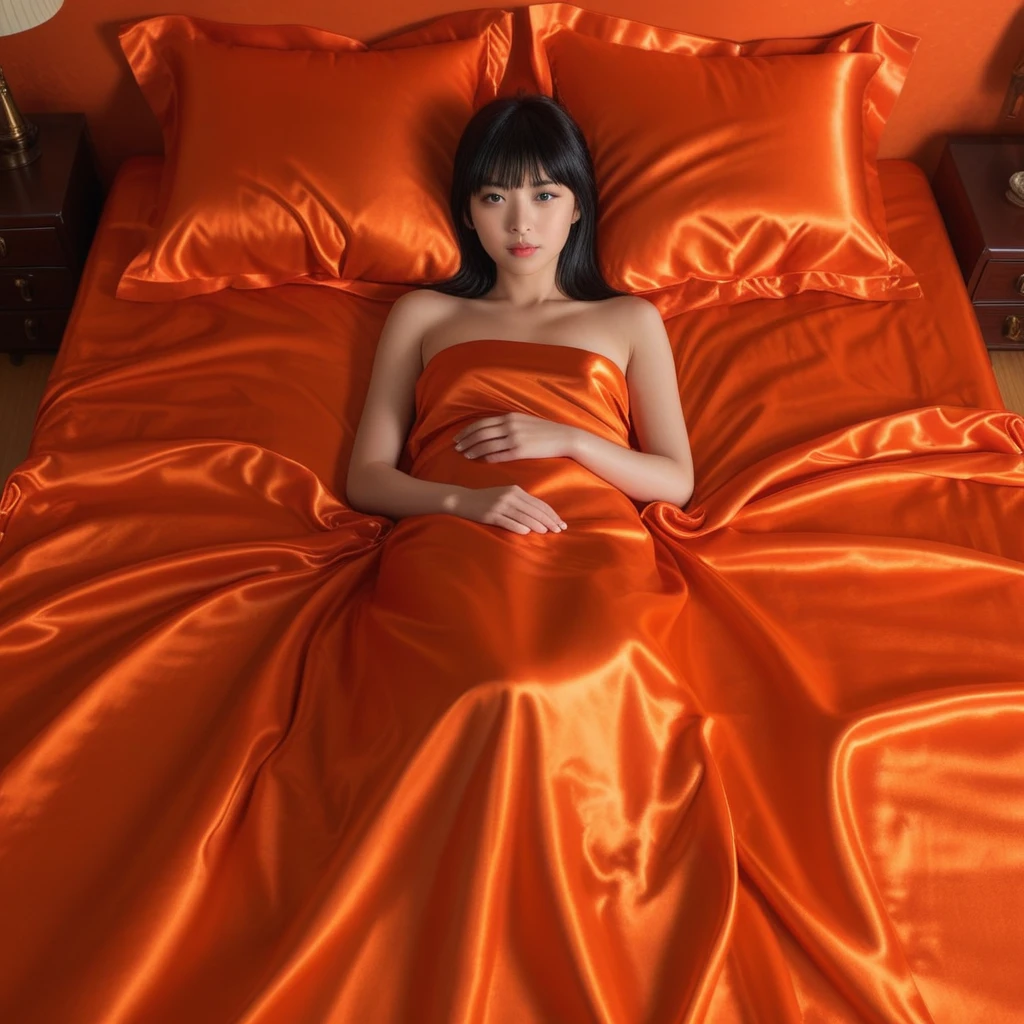 Mujer japonesa tumbada en una cama de satén rojo anaranjado