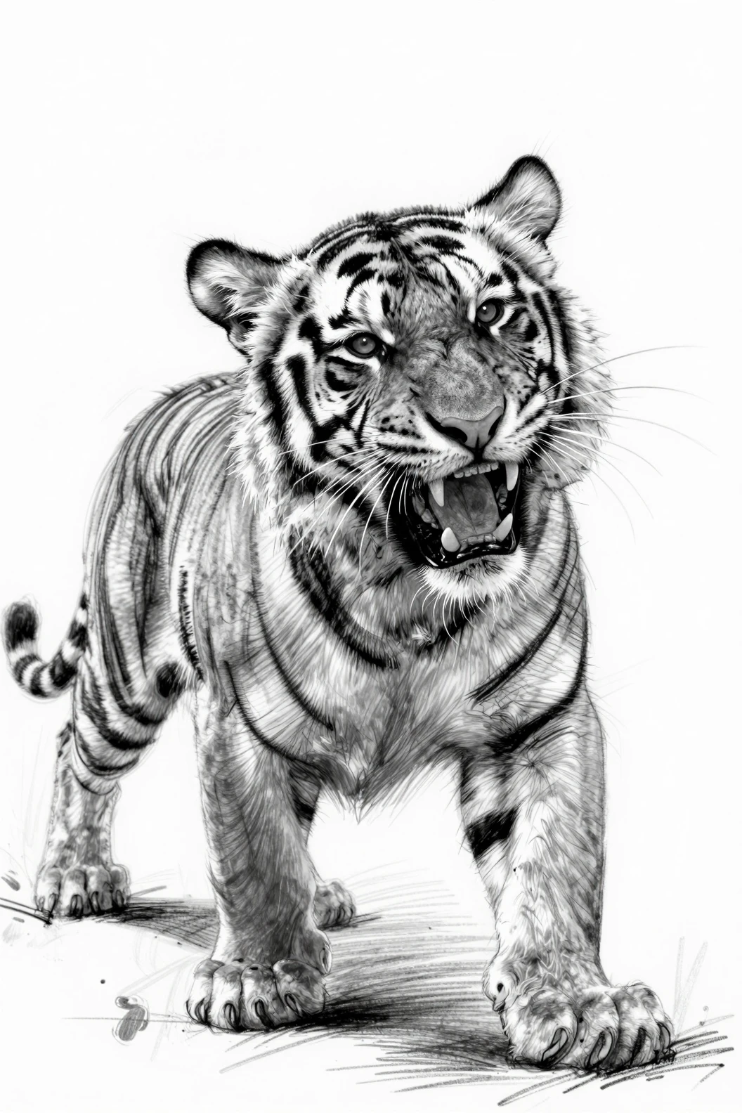 Esboço dinâmico de um filhote de tigre sacudindo a cabeça