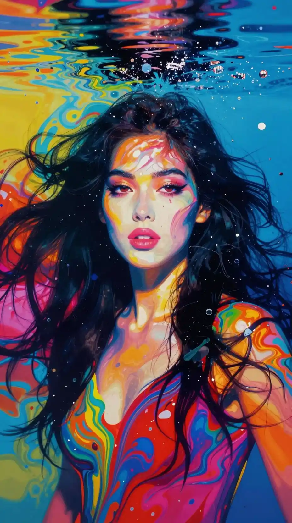Mujer bajo el agua entre colores abstractos vibrantes y arremolinados