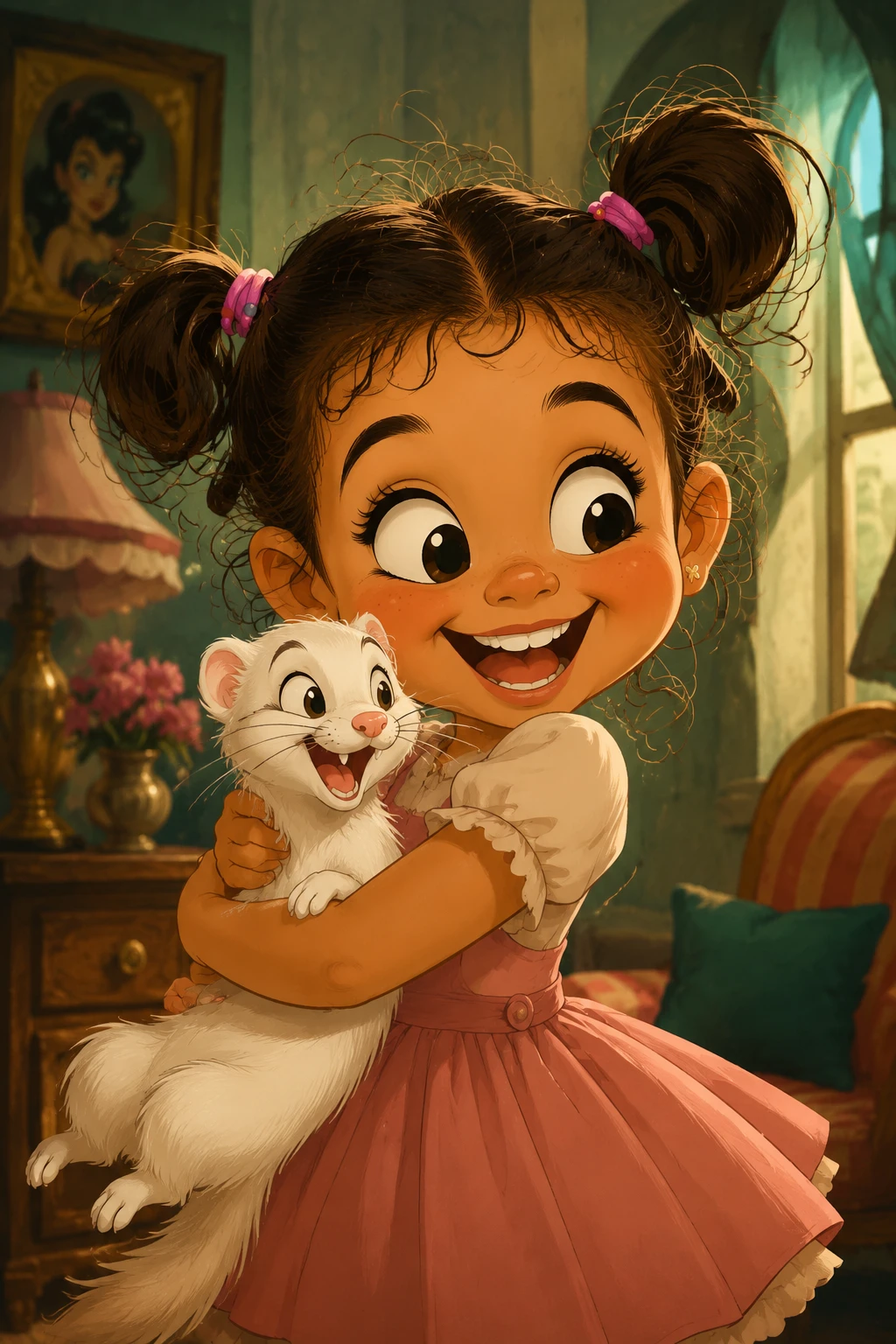 Chica fantasiosa con hurón blanco en cálido retrato de caricatura