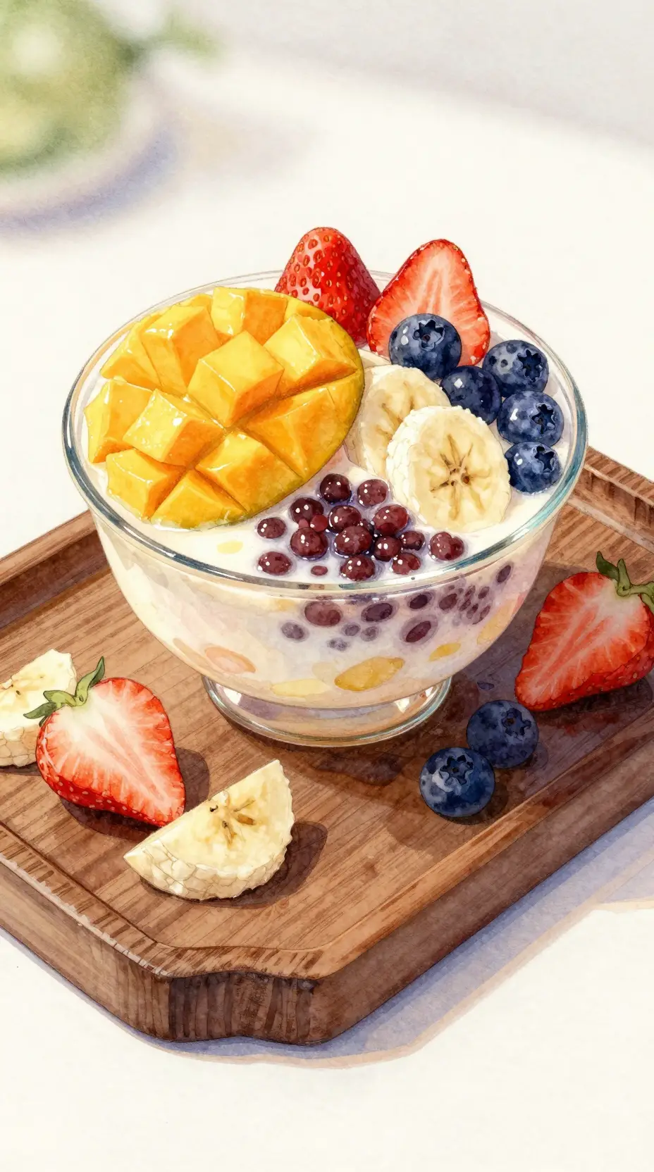 Plato de postre en acuarela con bingsu de frutas tropicales en primer plano