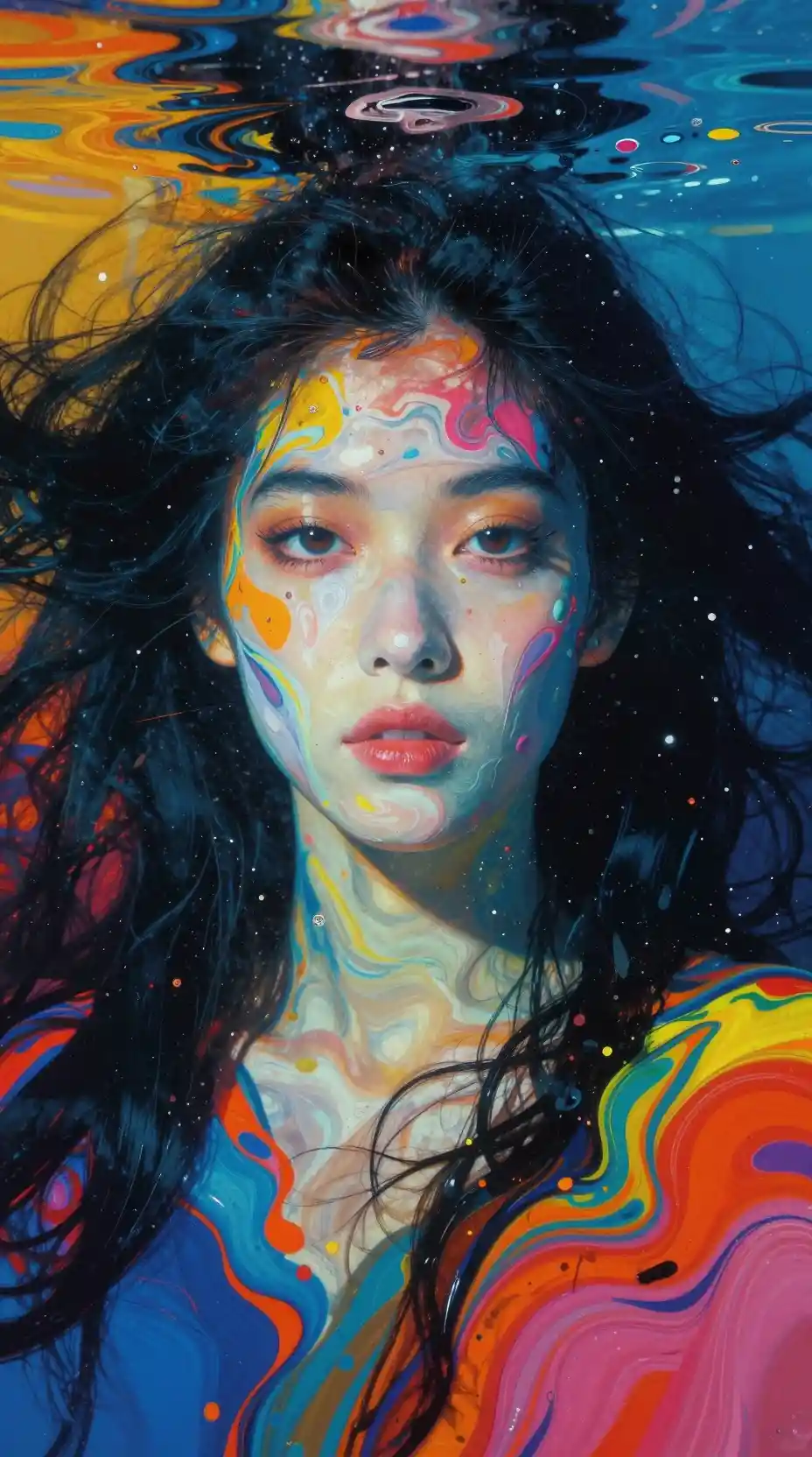 Retrato submarino en primer plano de una mujer de cabello oscuro