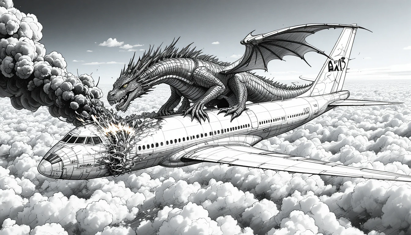 Dragon Attacking Passenger Jet Above Bright Cloudscape