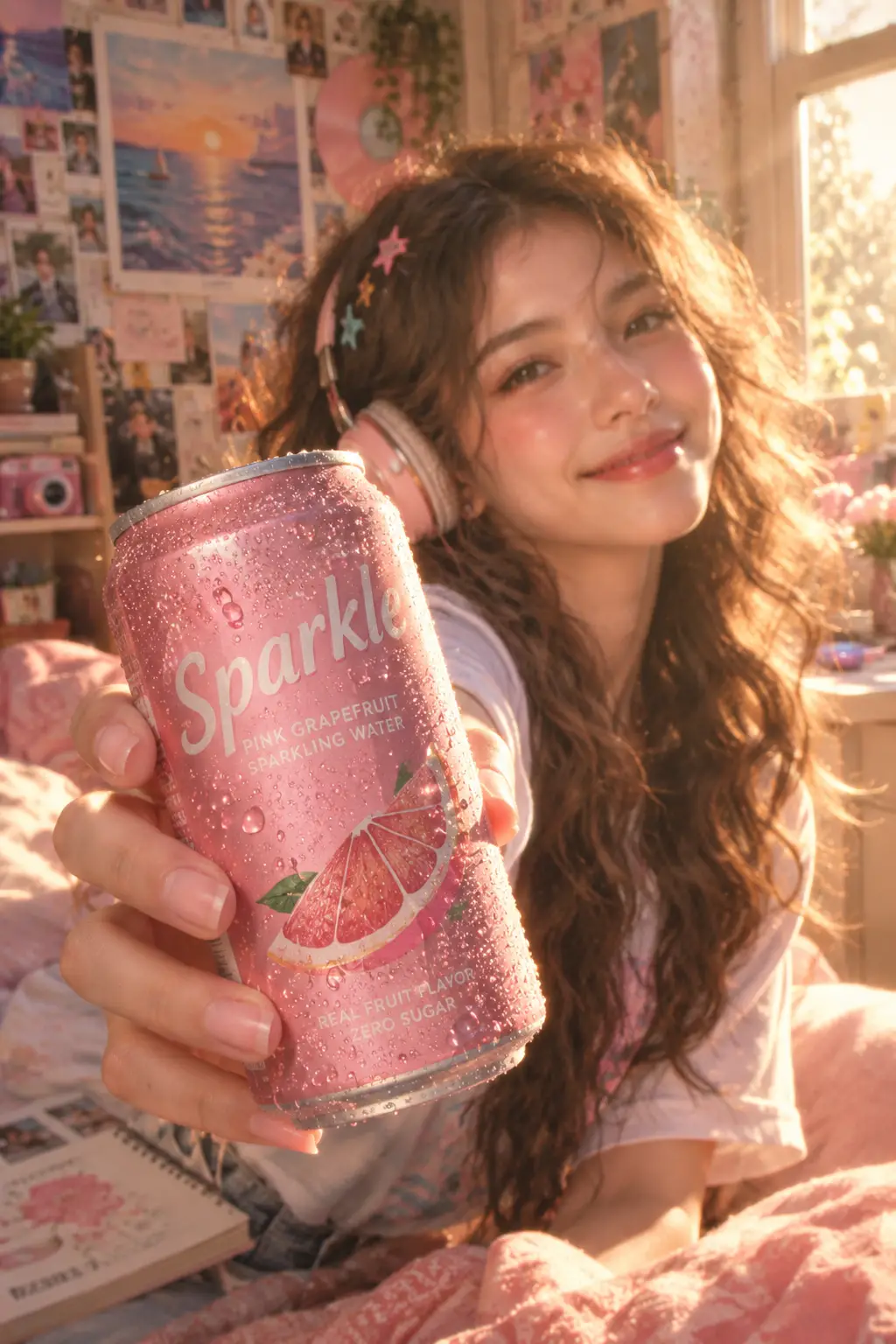 Girl offering pink soda can in warm bedroom light