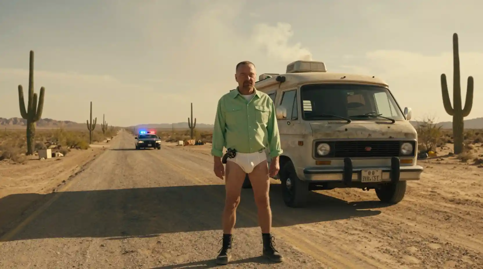 Hombre con revólver en una autopista del desierto junto a una caravana humeante