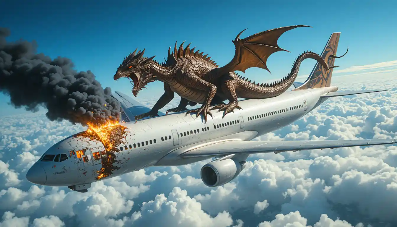 Dragón gigante atacando un avión de pasajeros sobre nubes brillantes