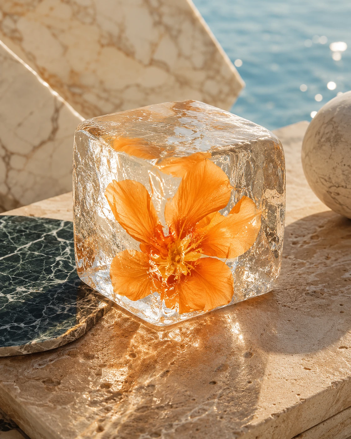 Flor naranja congelada en un cubo de hielo transparente sobre piedra