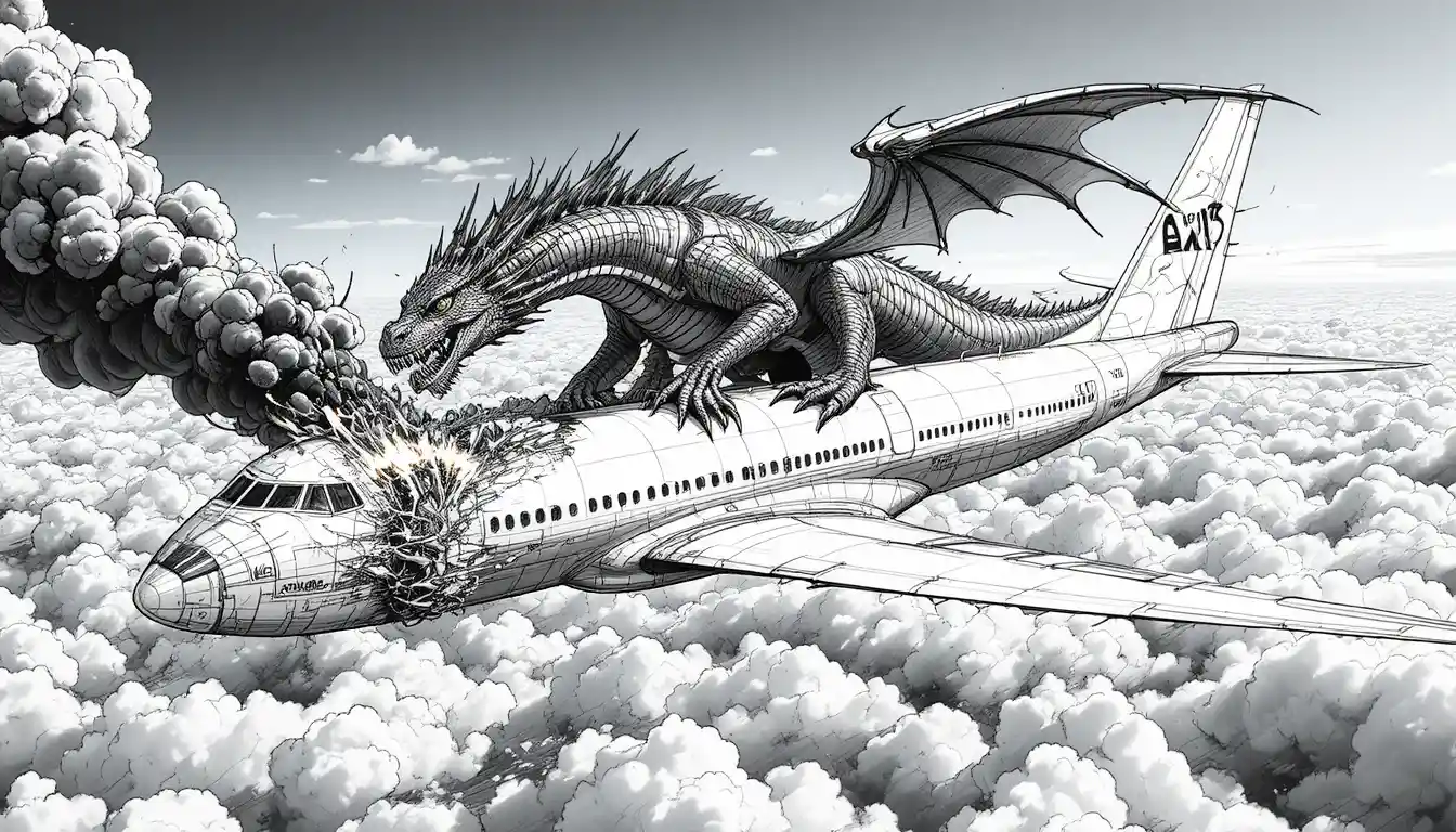 Dragon Attacking Passenger Jet Above Bright Cloudscape