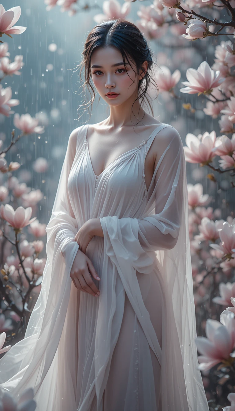 Ethereal goddess standing in the rain among magnolia blossoms