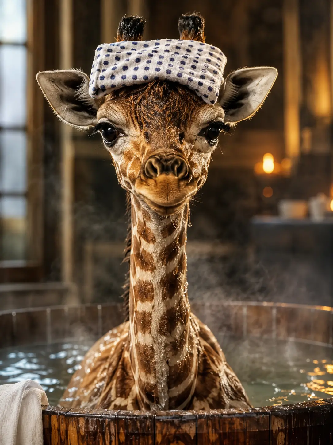 Cinematic close up of a baby giraffe enjoying a bath