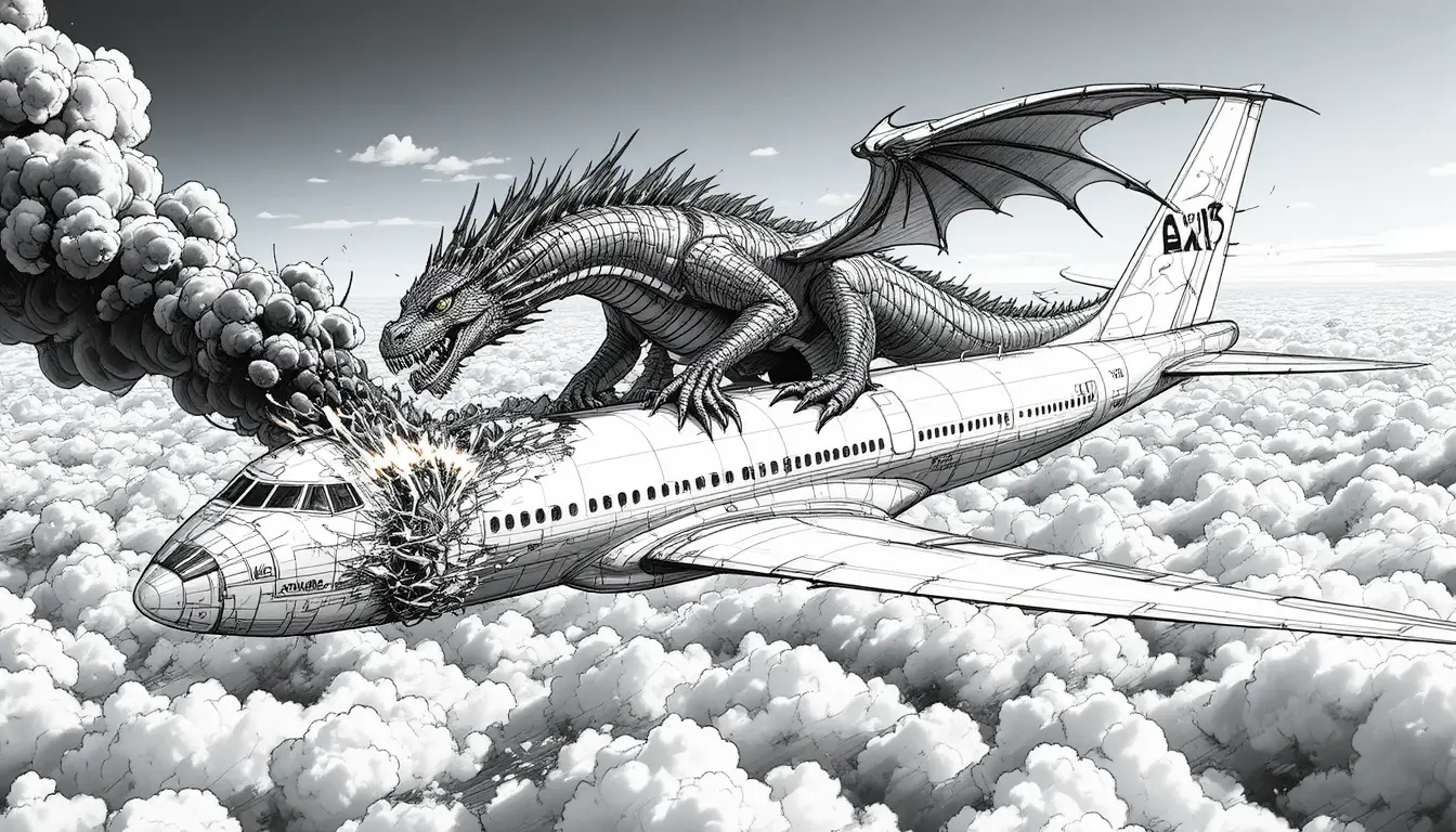 Dragón Atacando un Avión de Pasajeros Sobre un Brillante Mar de Nubes