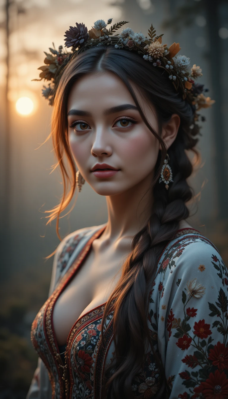 Retrato de mujer ucraniana al amanecer en el bosque con corona de flores