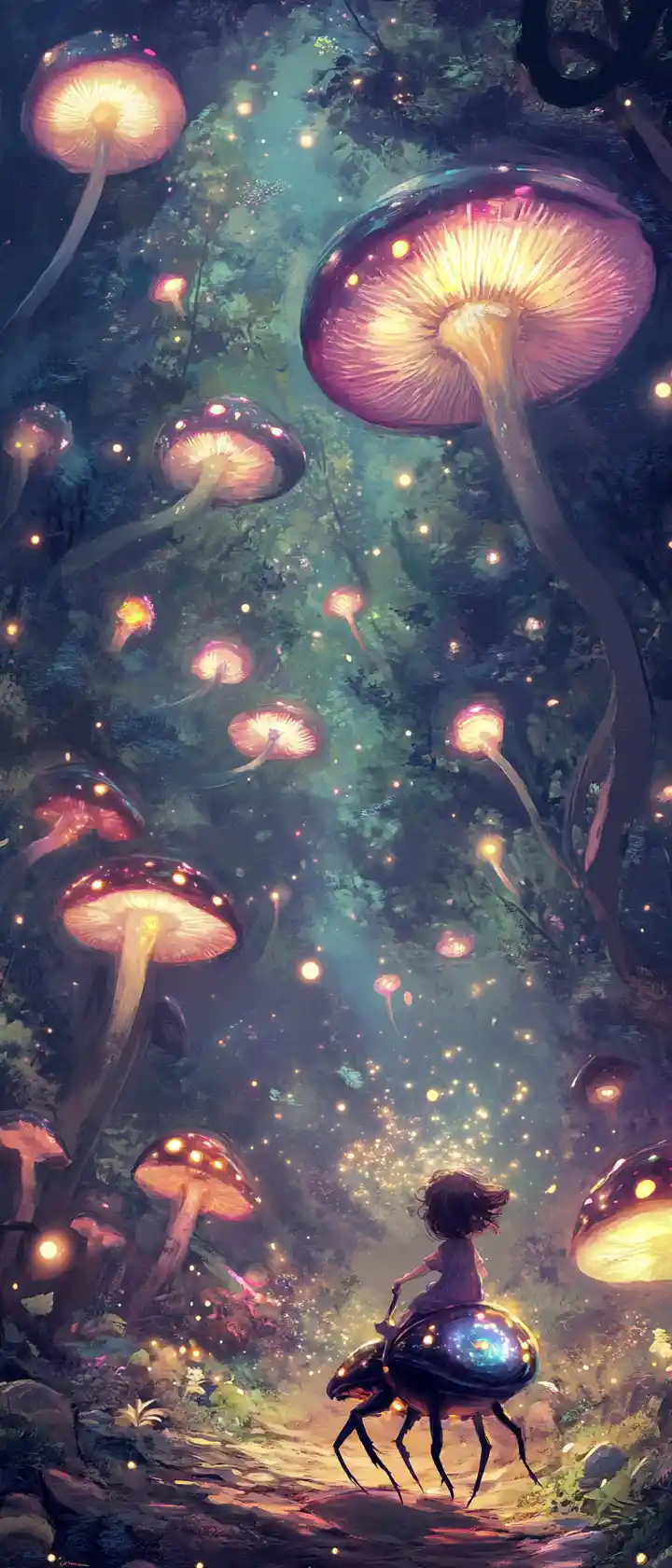 Child riding a giant beetle through glowing forest mushrooms