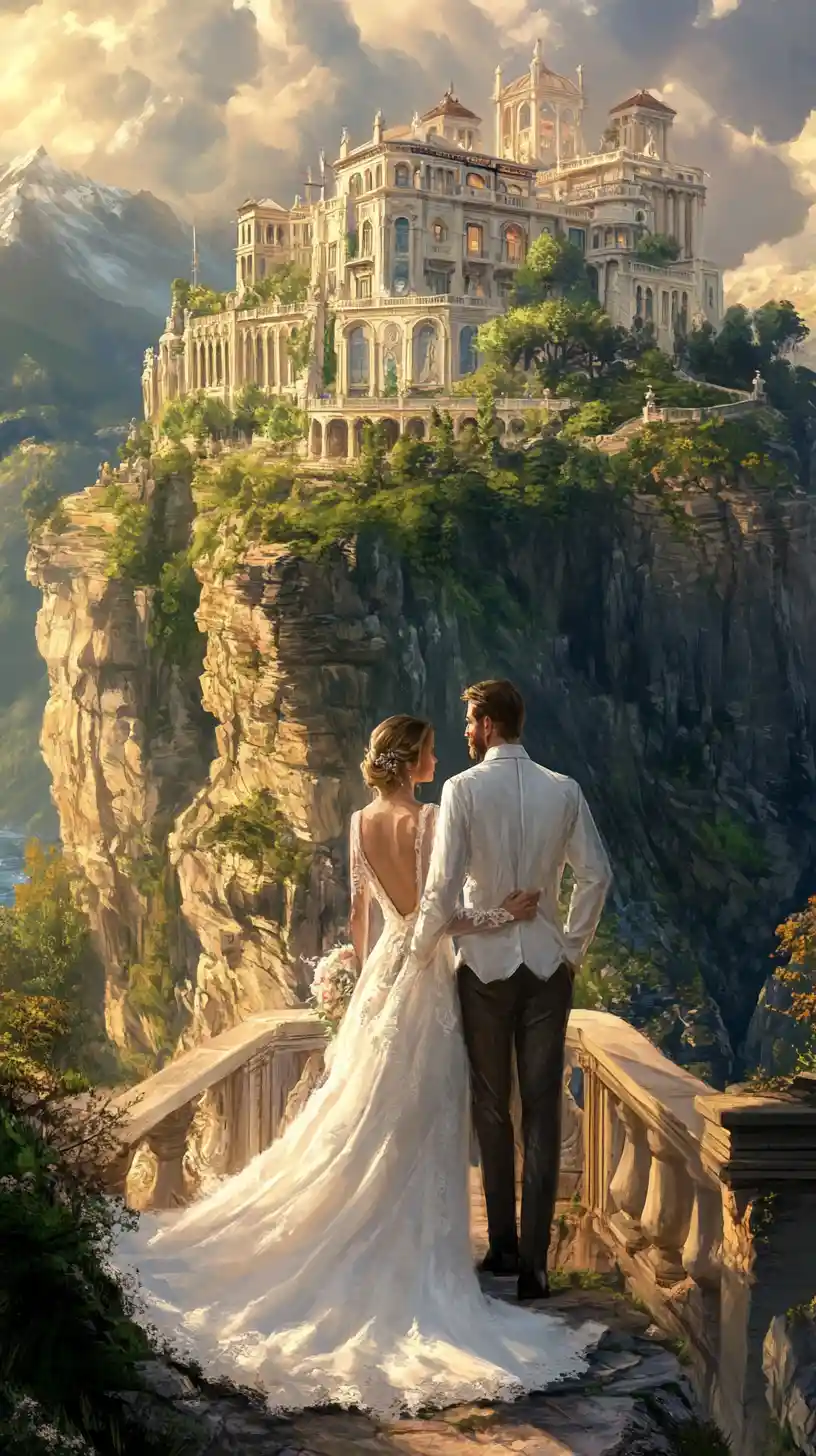 Young bridal couple before fairytale cliffside hotel