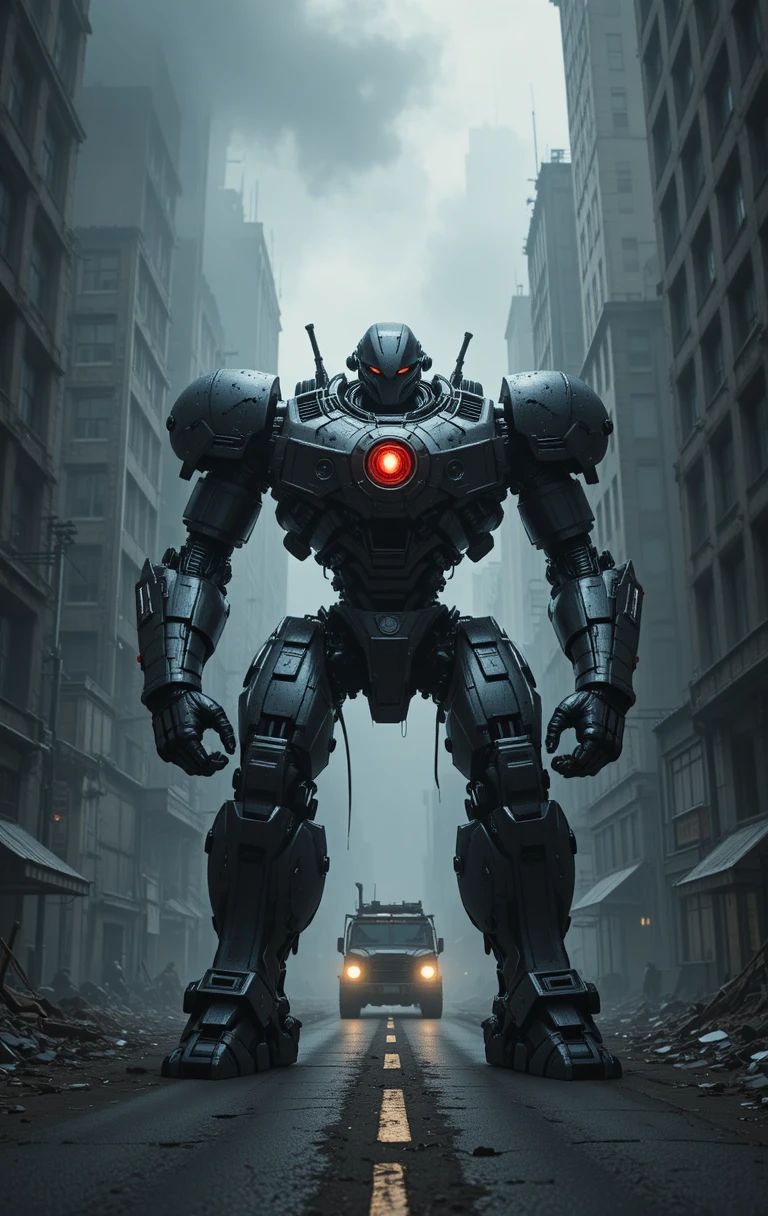 Mech nero corazzato che svetta su una strada cittadina avvolta nella nebbia