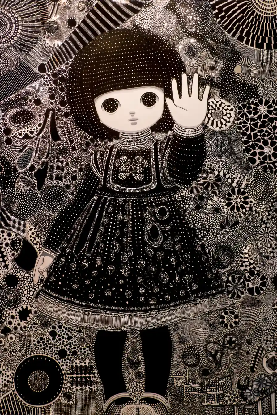 Chica triste con vestido de muñeca se despide agitando la mano en escena surrealista