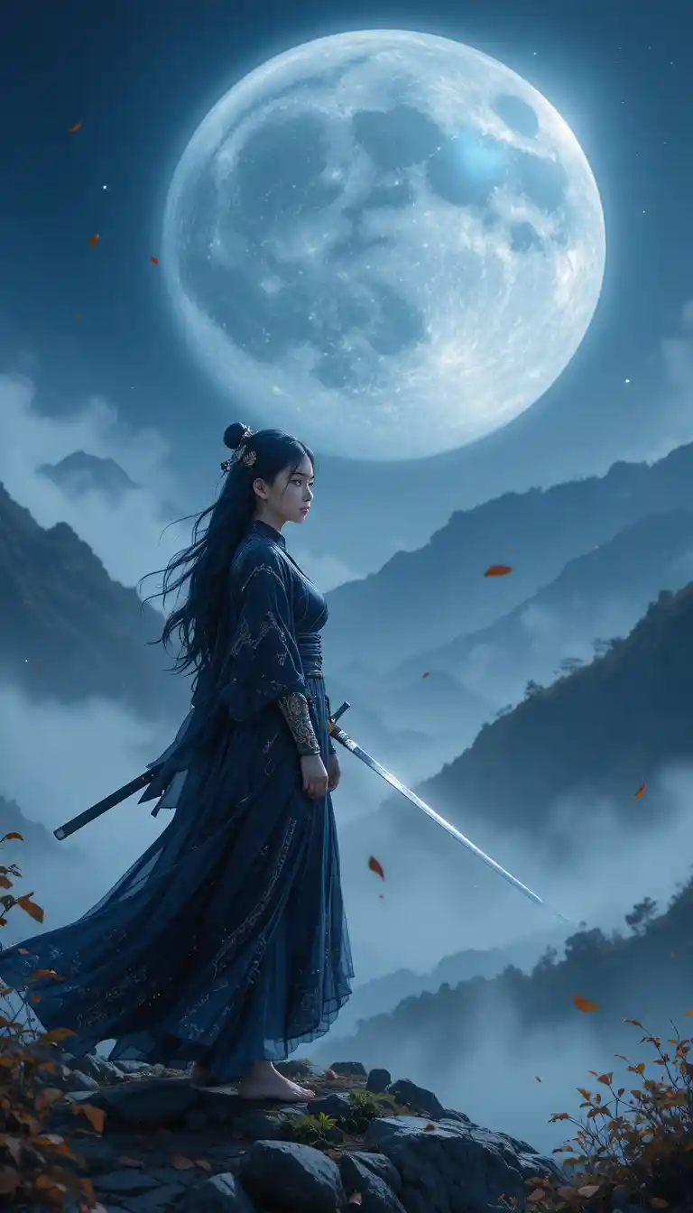 Espadachina de anime en montaña neblinosa bajo la luna llena