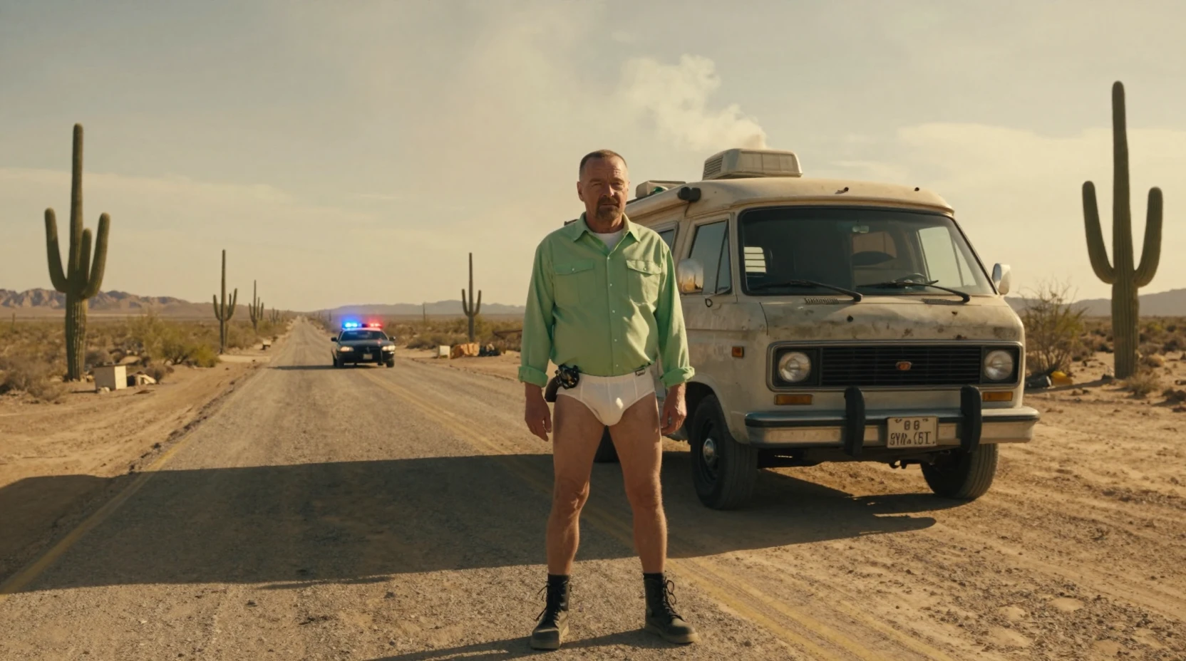 Hombre con revólver en una autopista del desierto junto a una caravana humeante