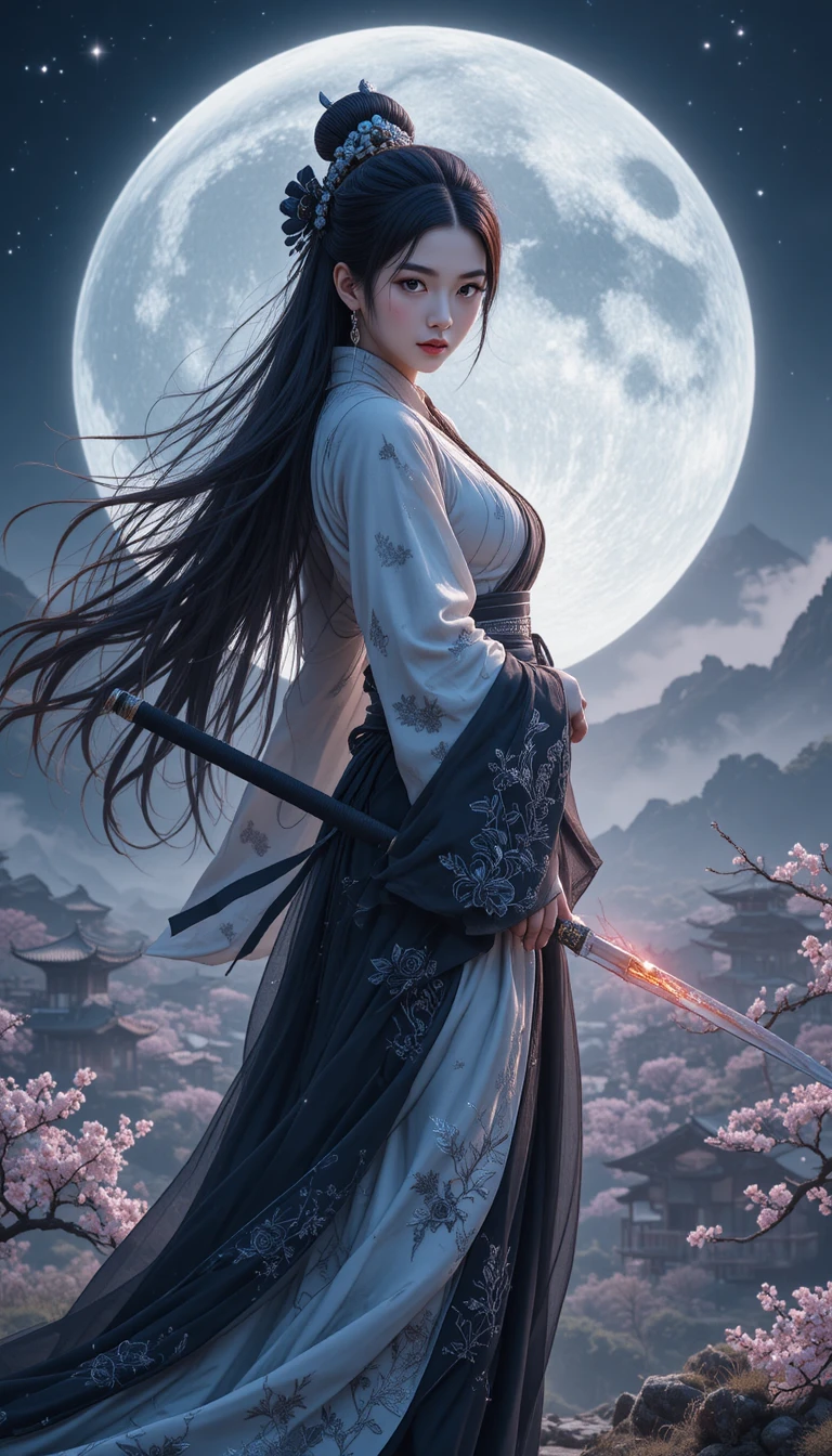 Moonlit anime warrior woman above a silent village