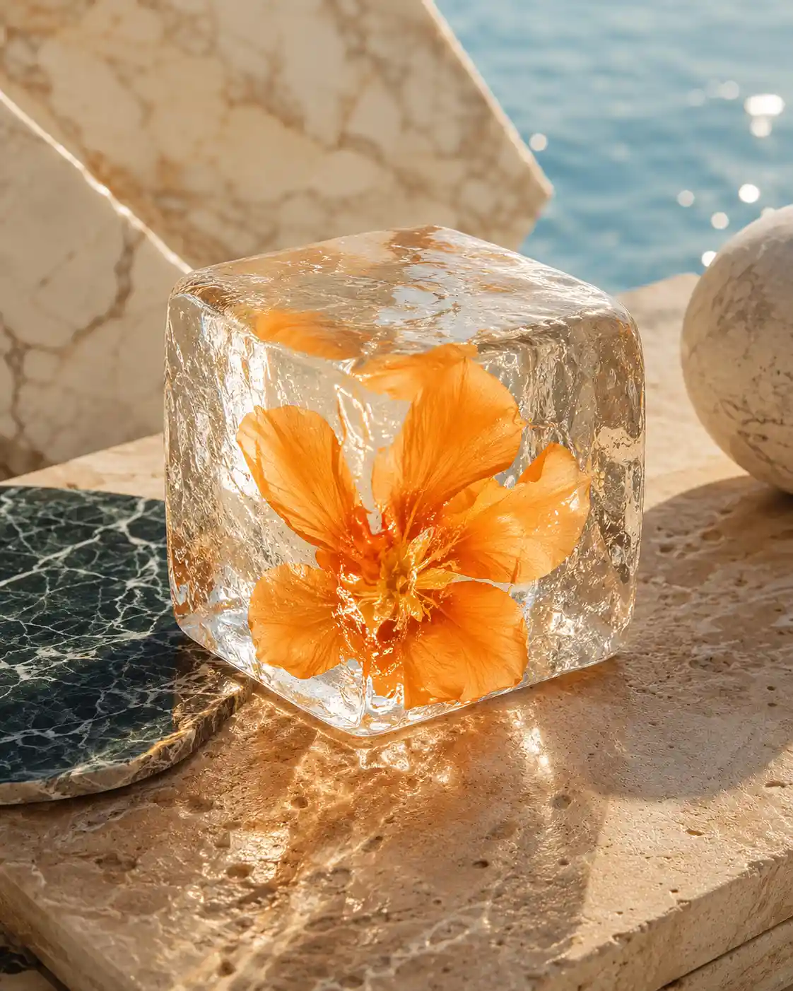 Orange flower frozen in a clear ice cube on stone