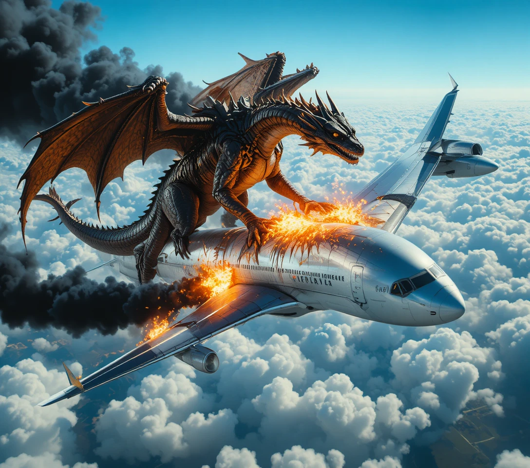 Dragón atacando un avión de pasajeros sobre las nubes