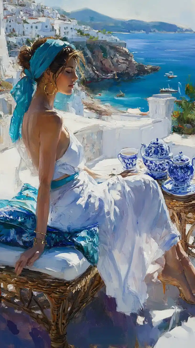 Mujer bañada por el sol con vestido blanco en terraza mediterránea