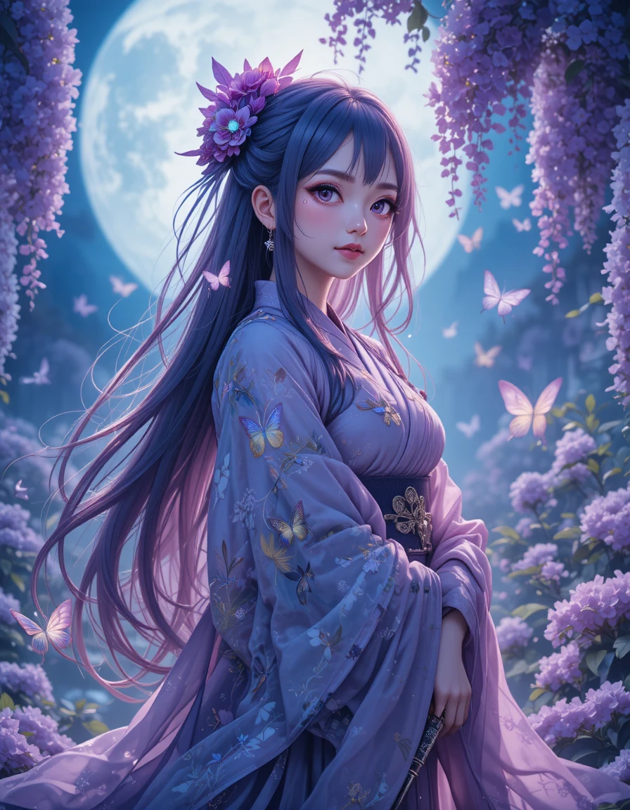 Spadaccina anime a tema farfalle in un giardino al chiaro di luna