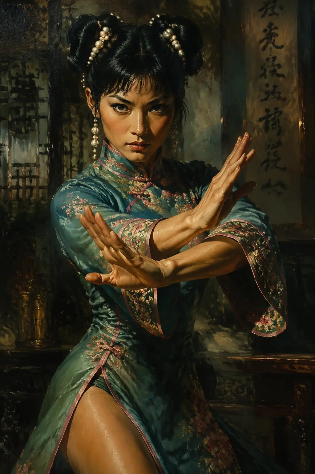 Eroina di arti marziali in qipao verde acqua in posizione difensiva