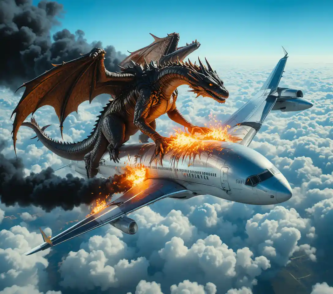 Dragón atacando un avión de pasajeros sobre las nubes