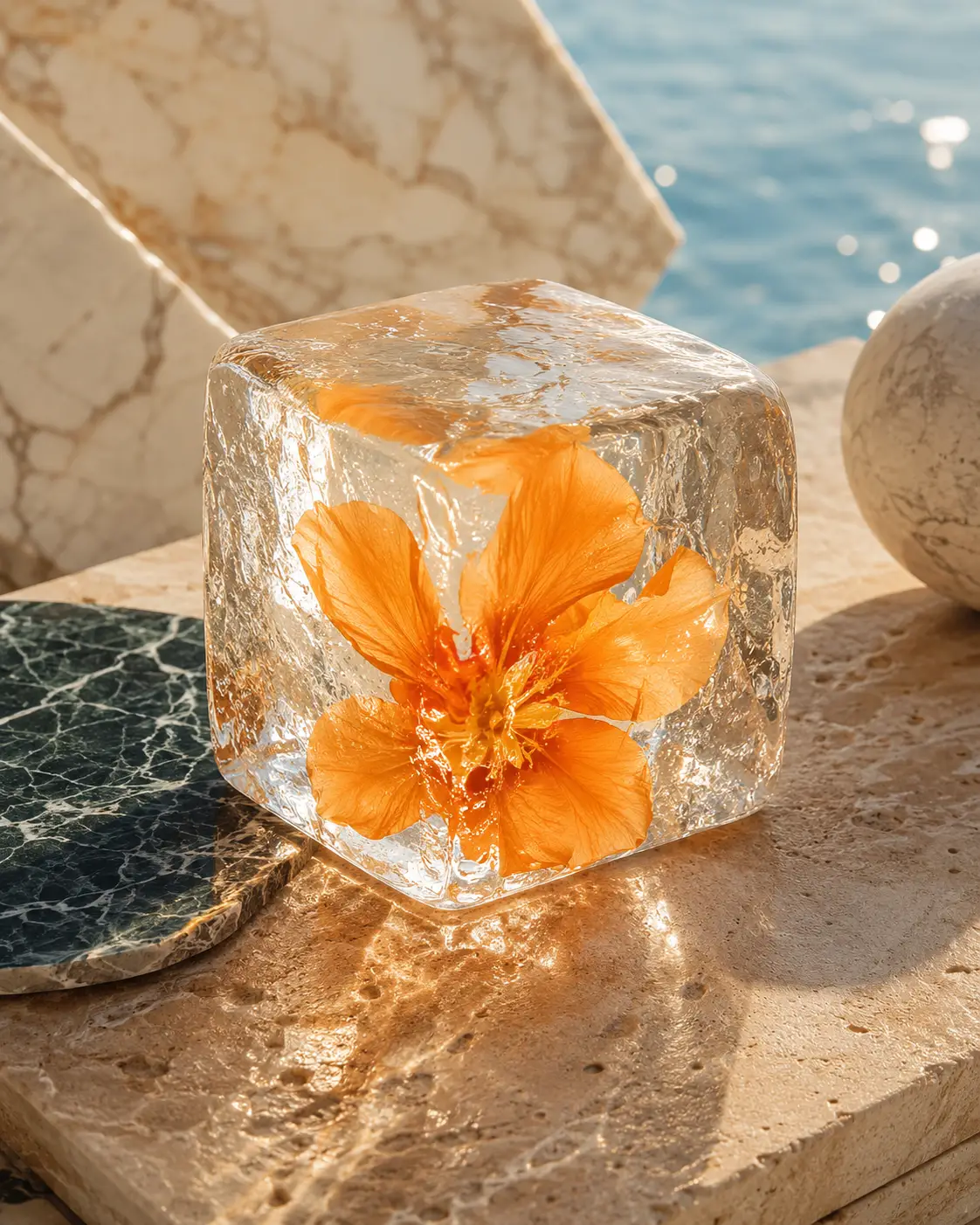 Flor naranja congelada en un cubo de hielo transparente sobre piedra