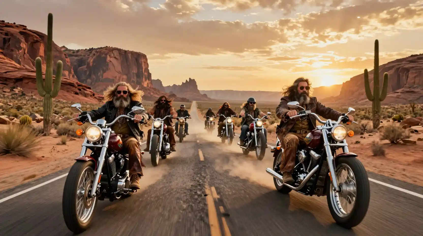 Hippie bikers riding choppers along a desert highway