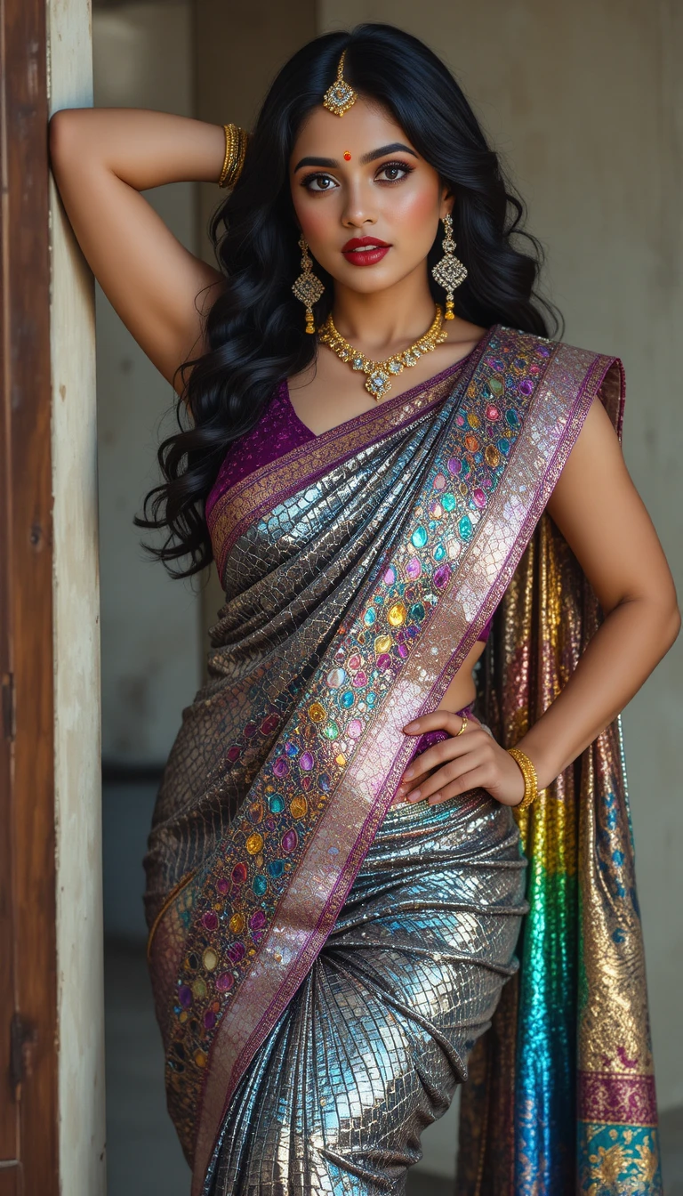 Mujer tamil con sari brillante posando con el brazo levantado