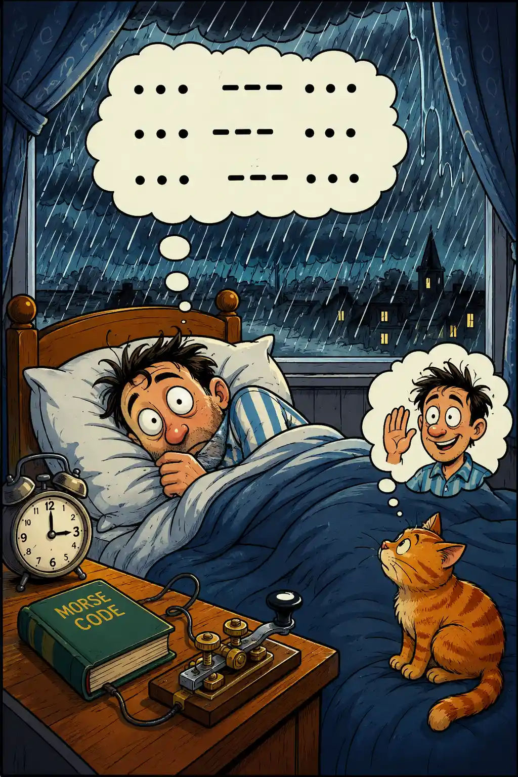 Hombre de caricatura oye su nombre en la lluvia que cae rítmicamente
