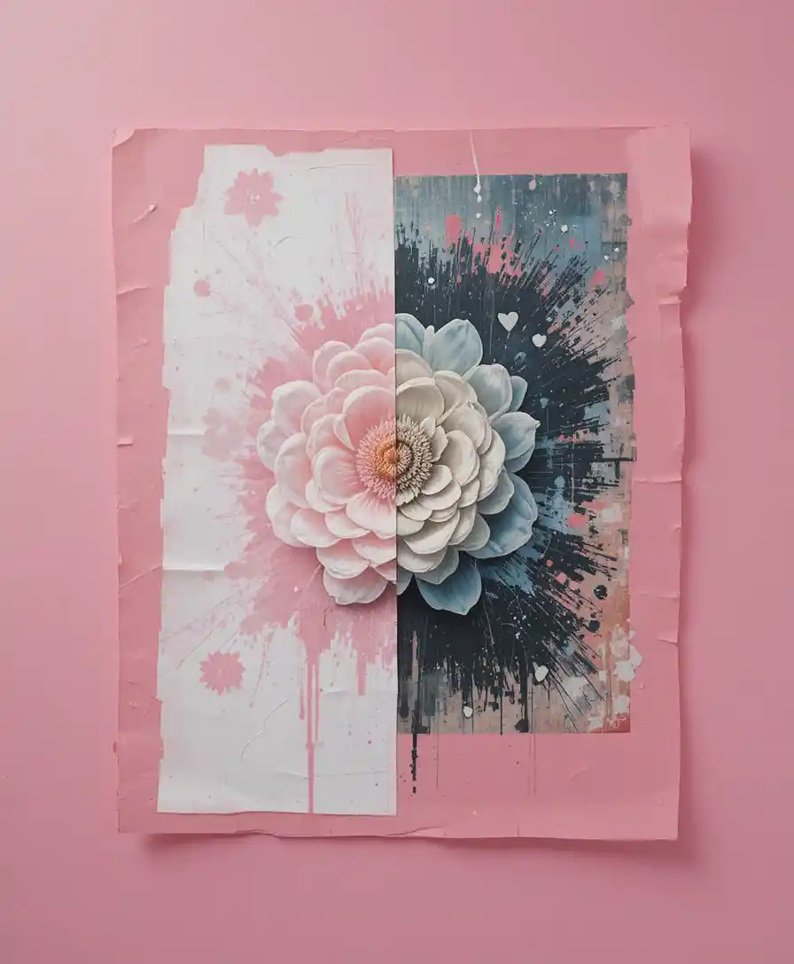 Stencil flower collage on pastel hot pink background