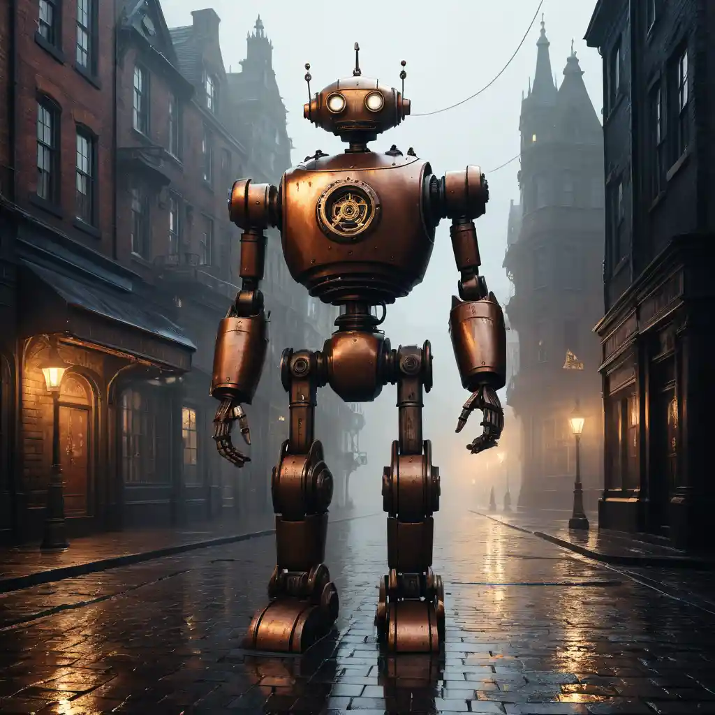 Lonely robot on a rainy gothic city street at night