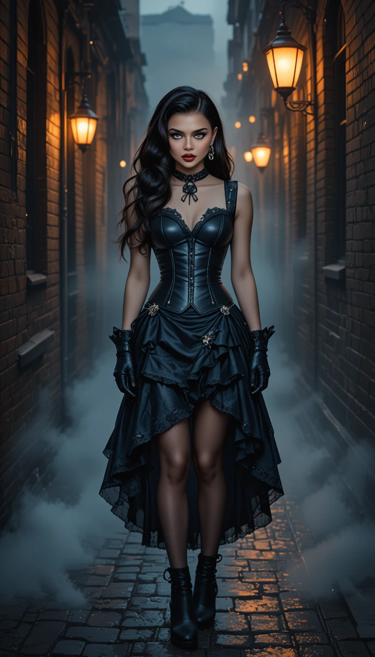 Mujer elegante con vestido steampunk negro en un callejón brumoso