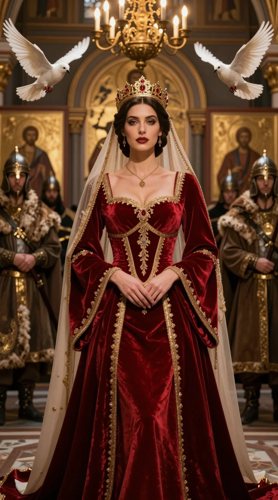 Regia reina medieval con vestido de terciopelo rojo bajo una corona dorada