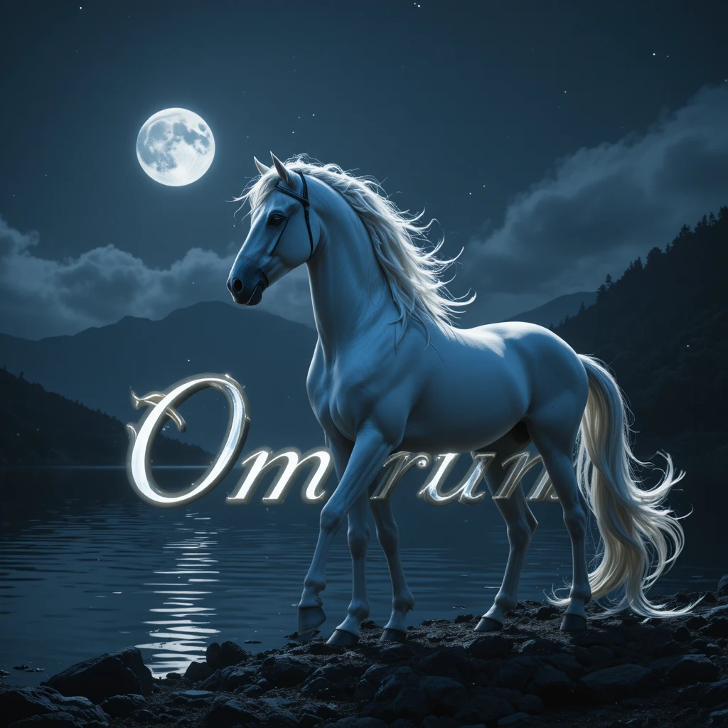 Caballo blanco junto a un lago a la luz de la luna con texto brillante “omrum”