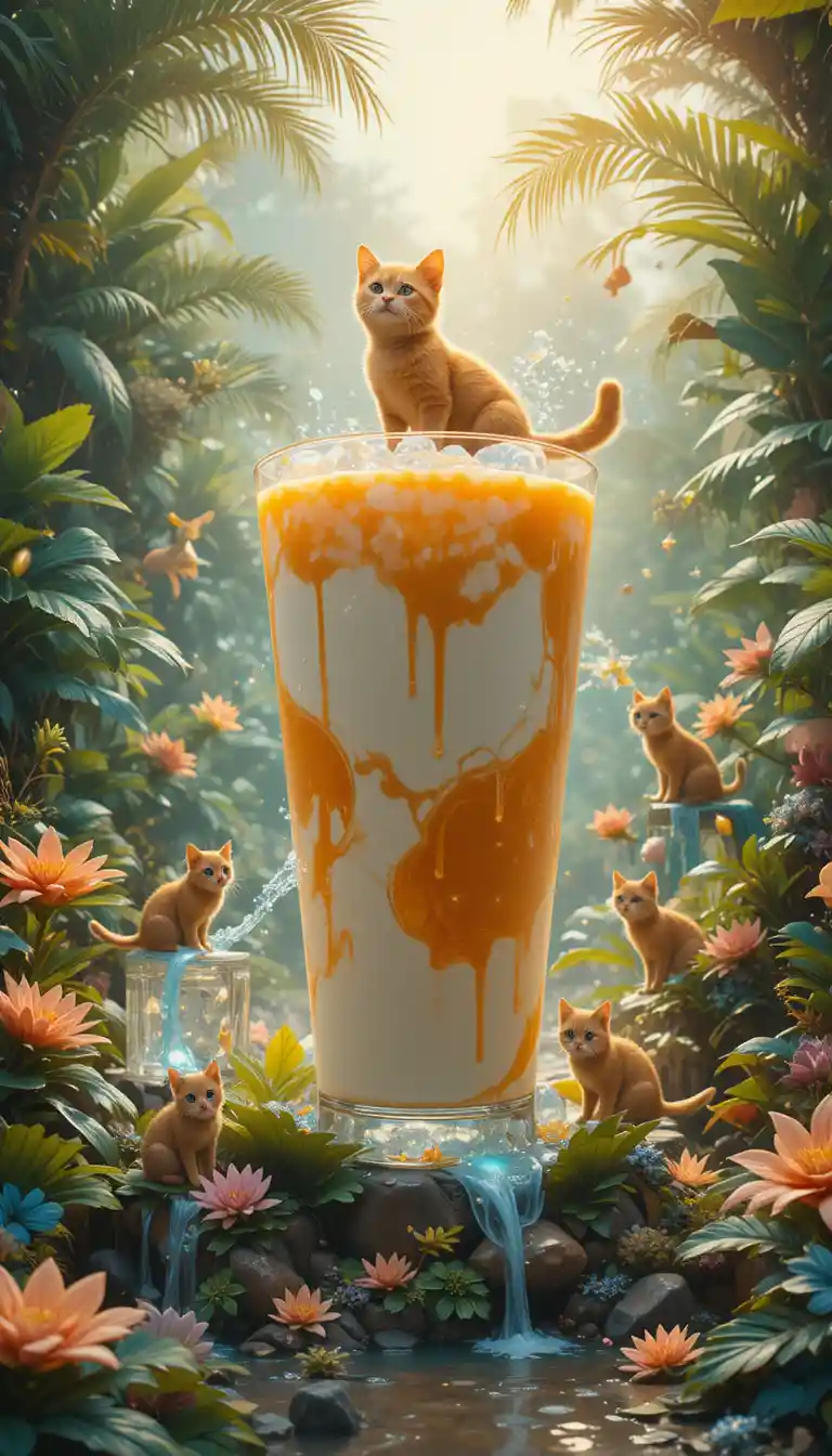Santuário Gigante de Latte Gelado em um Jardim Tropical de Fantasia com Gatos