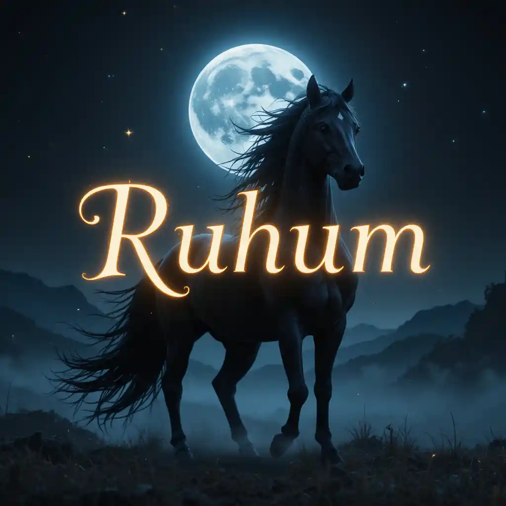 Black horse under glowing full moon with Ruhum lettering