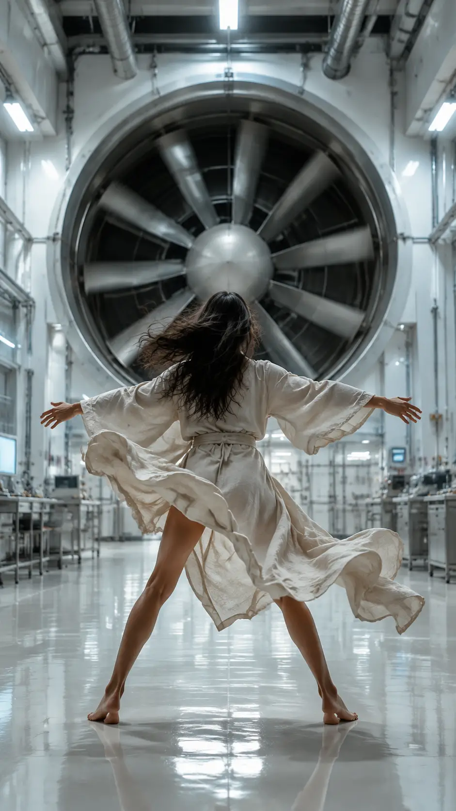 Donna in abito svolazzante di fronte a un gigantesco ventilatore da galleria del vento