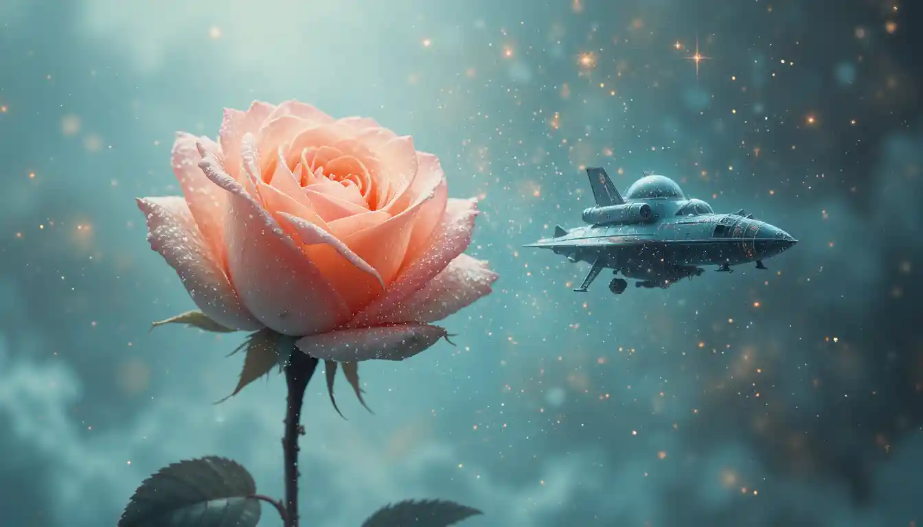 Ethereal double exposure of glowing rose and vintage spaceship