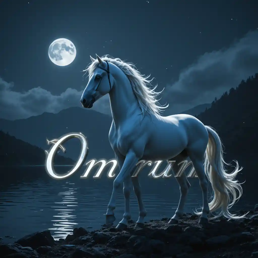 Weißes Pferd am mondbeschienenen See mit leuchtendem „omrum“-Text