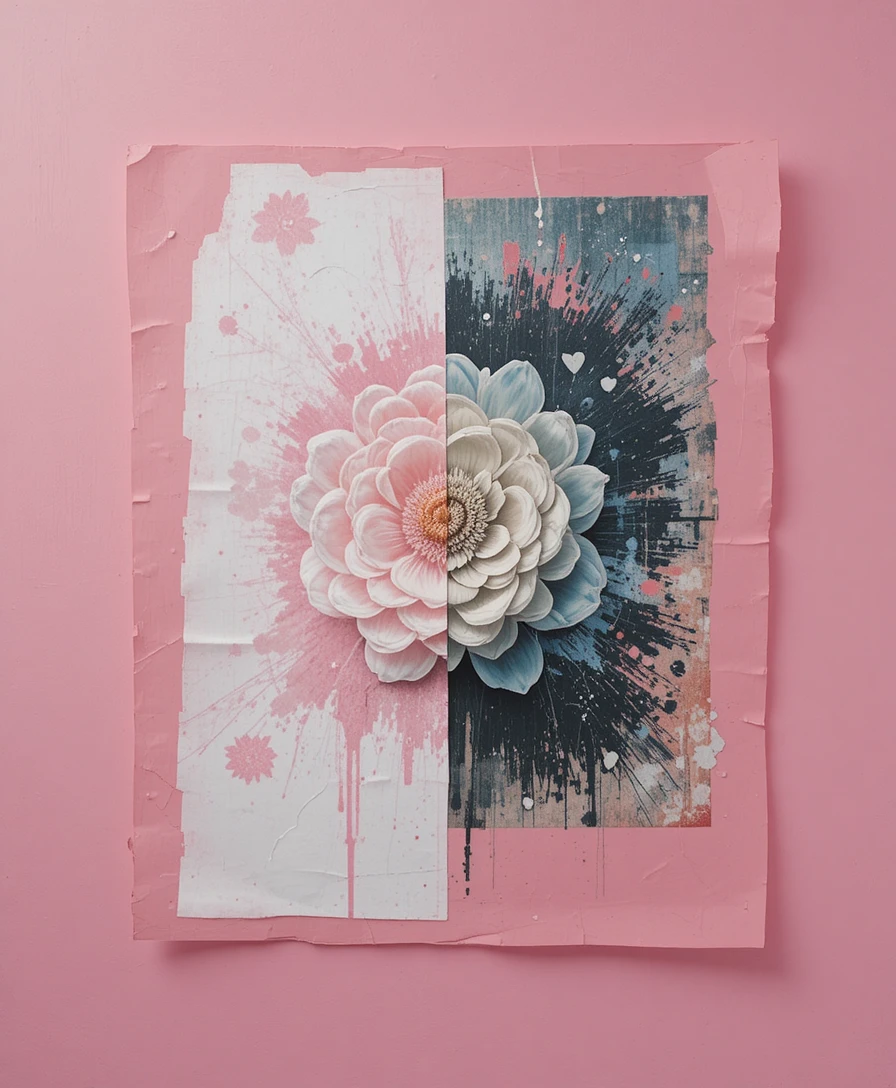 Collage de flor en esténcil sobre fondo rosa intenso pastel