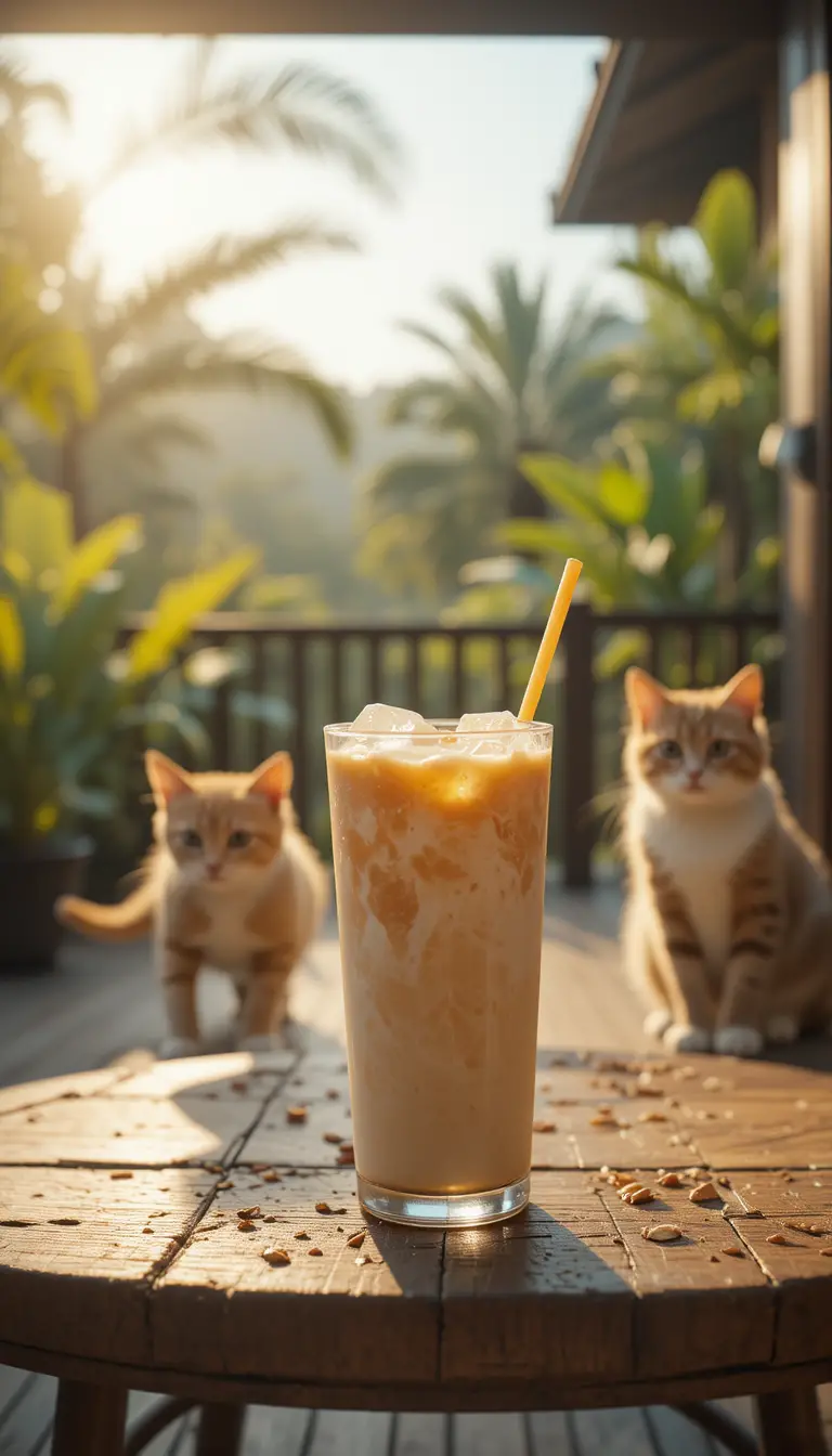 Latte helado en una terraza soleada con gatos juguetones