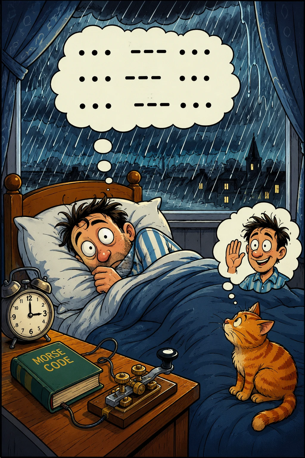 Hombre de caricatura oye su nombre en la lluvia que cae rítmicamente