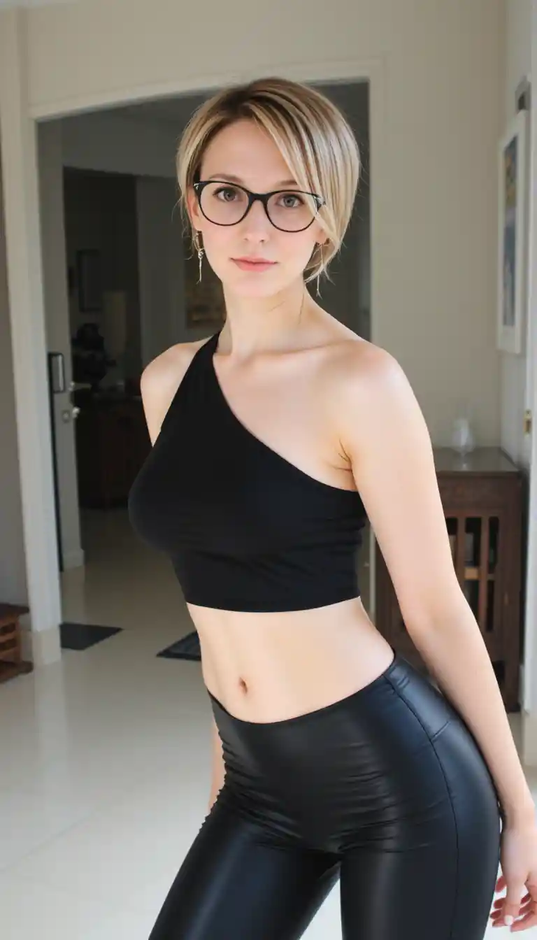 Jeune fille blonde souriante en haut court penchée vers l’avant