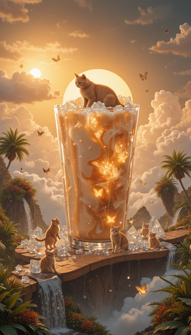 Giant Iced Latte Floating Above A Magical Summer Garden