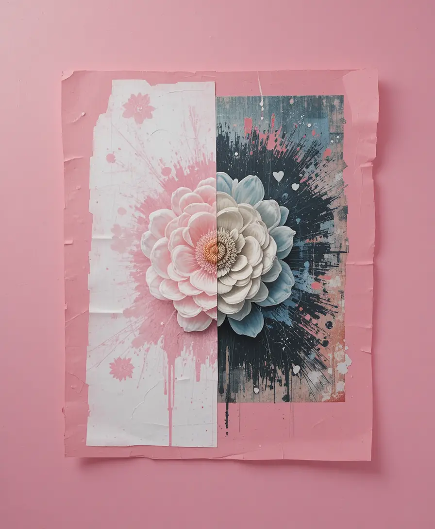 Collage de flor en esténcil sobre fondo rosa intenso pastel