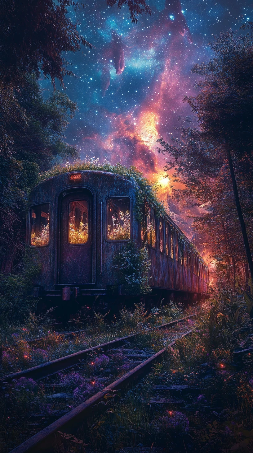 發光星雲覆蓋天空下的古老火車